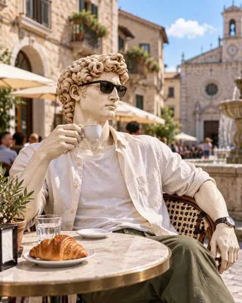 David having an espresso and a croissant in a piazza