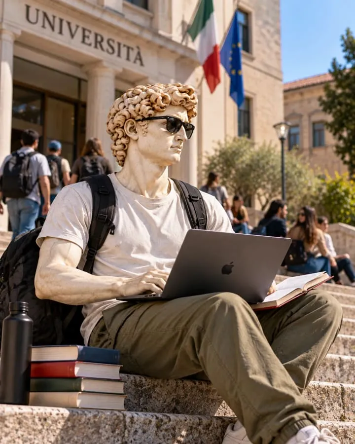 David studying with a laptop on the steps of the Università
